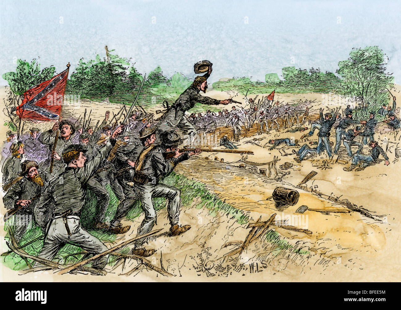 Confederates capturing a Union position at Chancellorsville, 1863. Hand-colored woodcut Stock Photo
