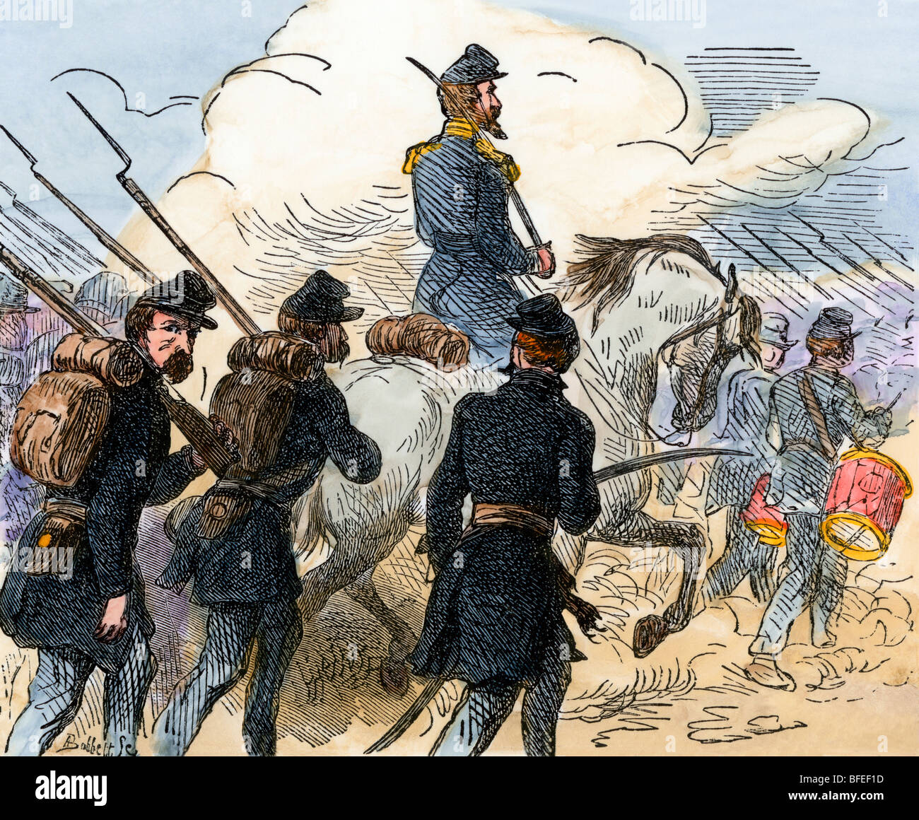 Union soldiers en route to Manassas, Virginia, for the first battle of Bull Run, 1861. Hand-colored woodcut Stock Photo