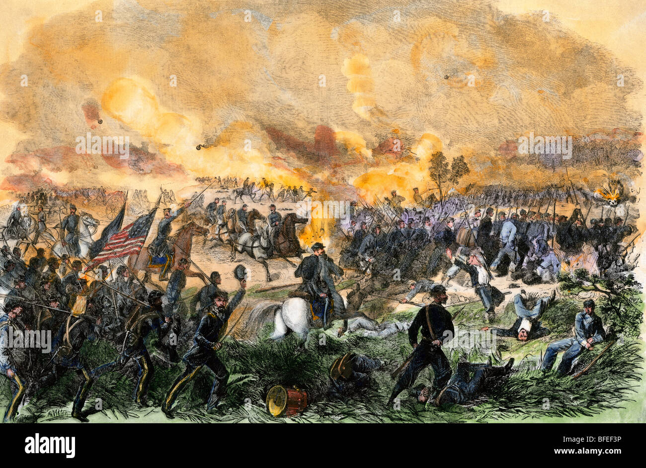 Union and Confederate armies clash at the first battle of Bull Run, 1861. Hand-colored woodcut Stock Photo