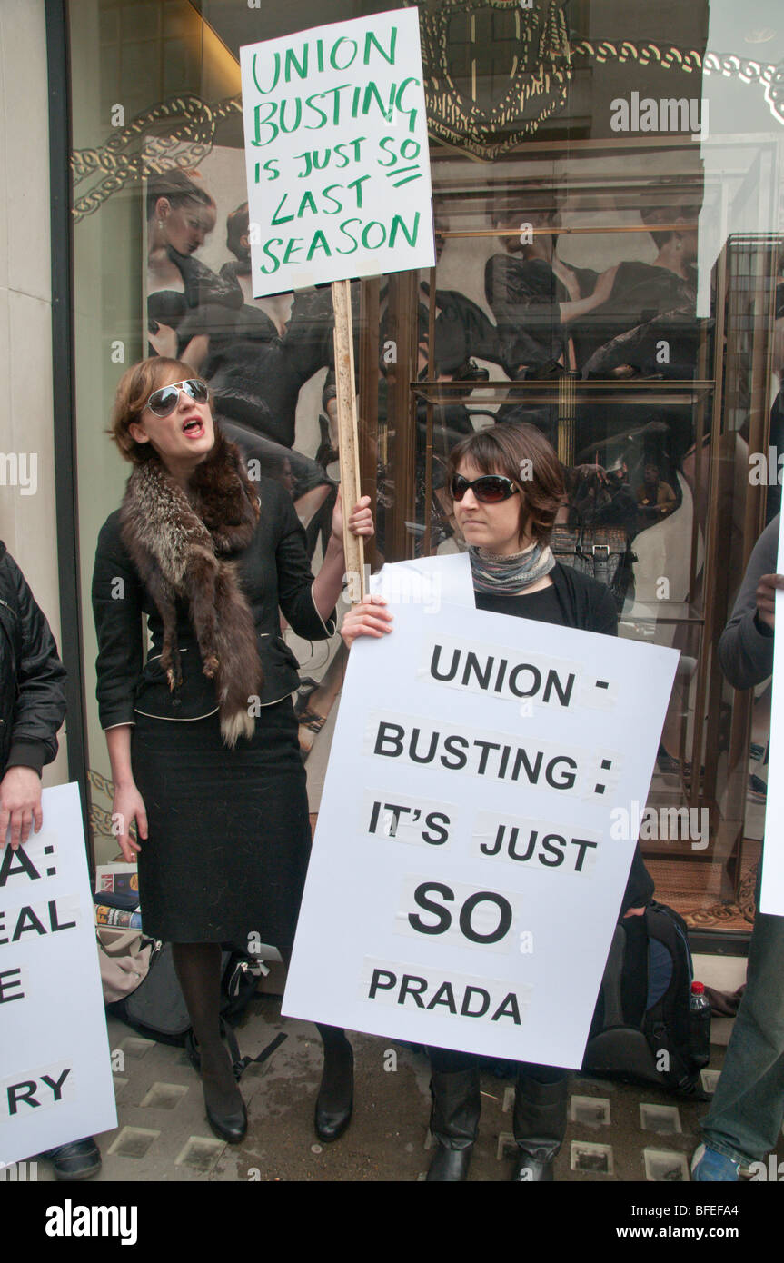 Labour Behind the Label protest at Prada, Old Bond St, against exploitation  of Turkish workers producing goods sold by Prada Stock Photo - Alamy