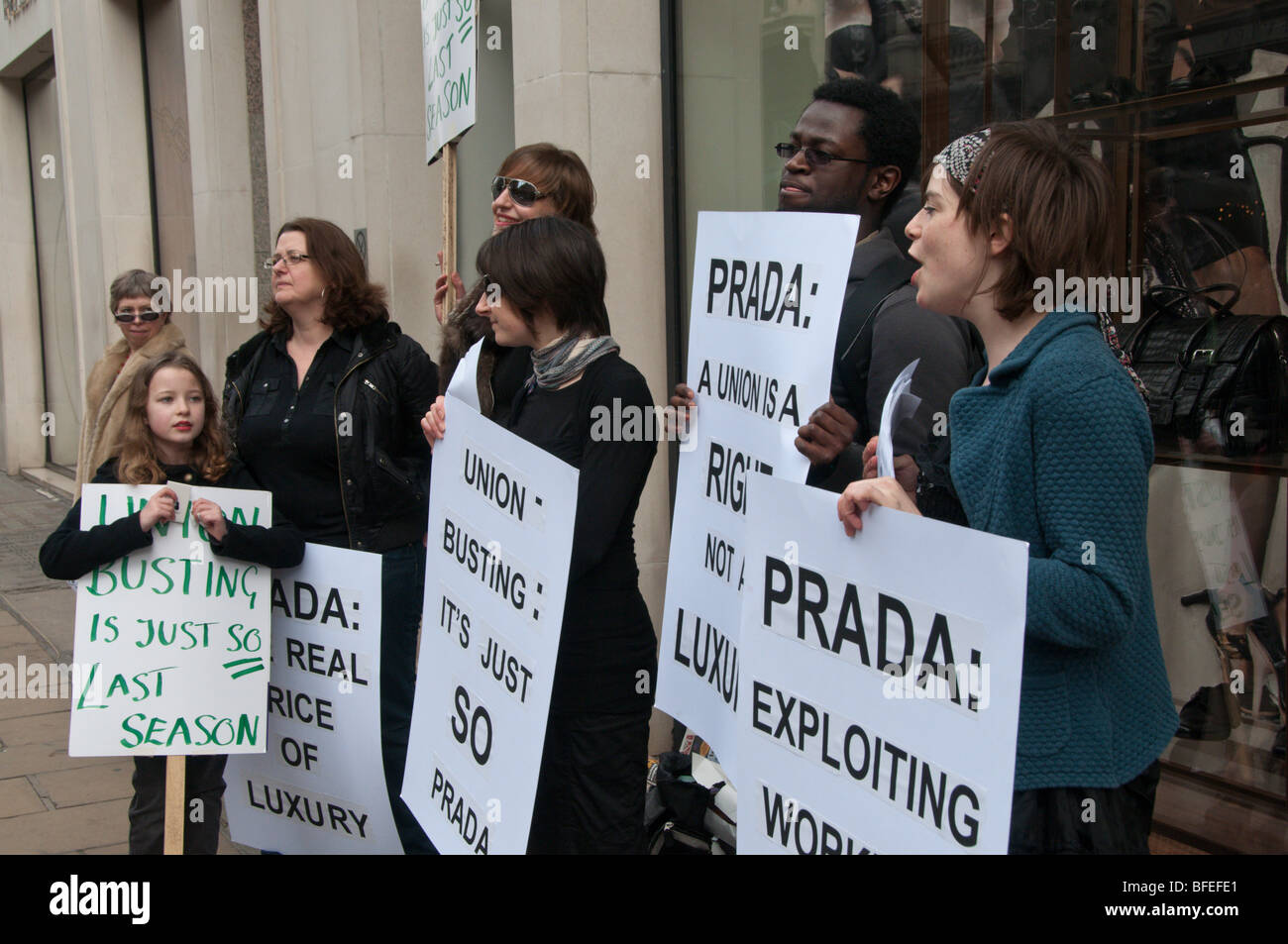 Labour Behind the Label protest at Prada, Old Bond St, against exploitation  of Turkish workers producing goods sold by Prada Stock Photo - Alamy