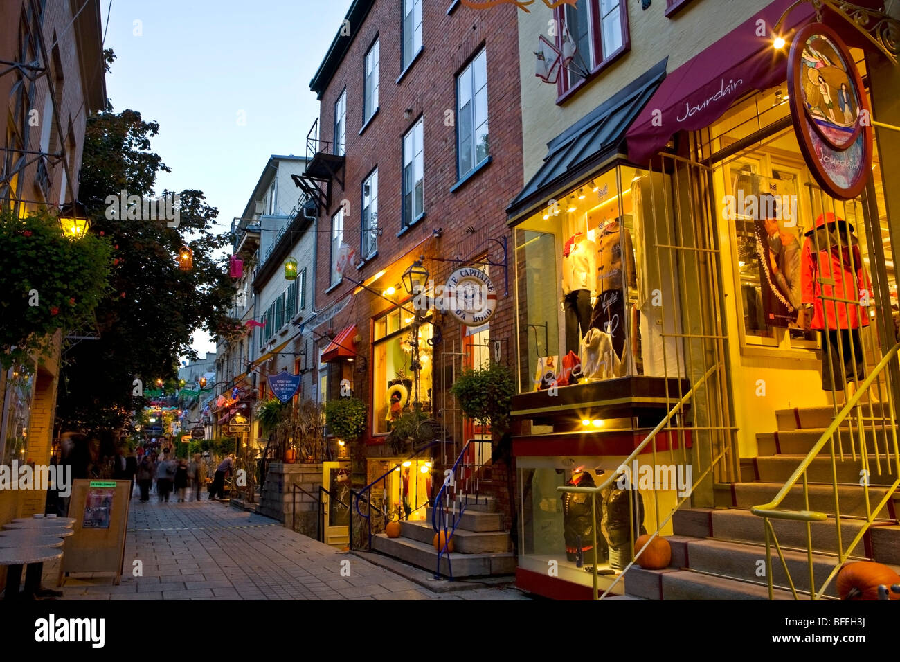 Rue Petit Champlain at dusk, Quebec City, Quebec, Canada Stock Photo