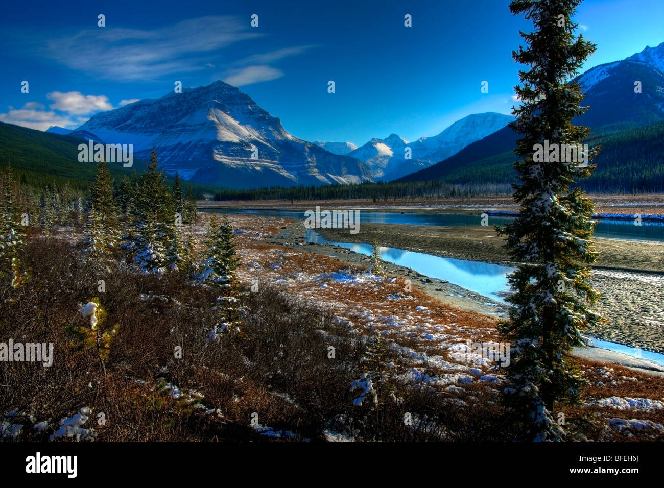 Athabasca River along the Columbia Icefields Parkway in Jasper National Park, Alberta, Canada Stock Photo