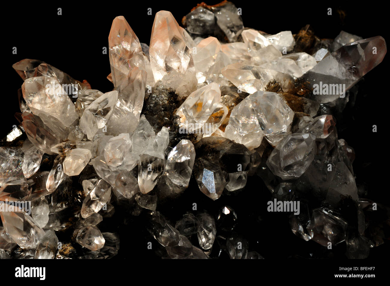 Clear crystals of calcite, calcium carbonate CaCO3. Stock Photo