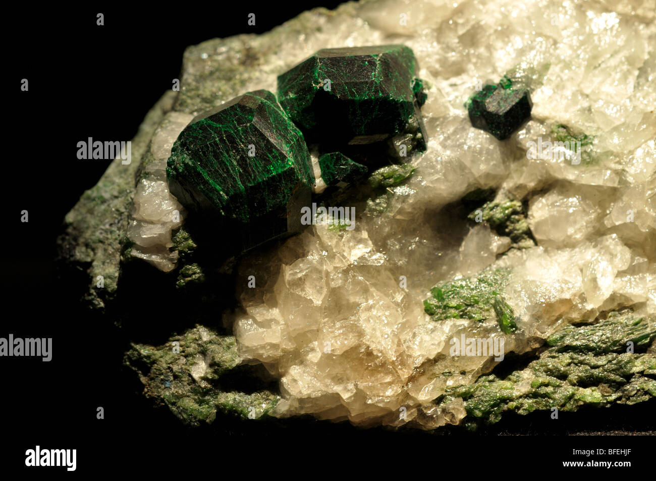 Green crystals of Uvarovite, a variety of chromium bearing garnet. Stock Photo