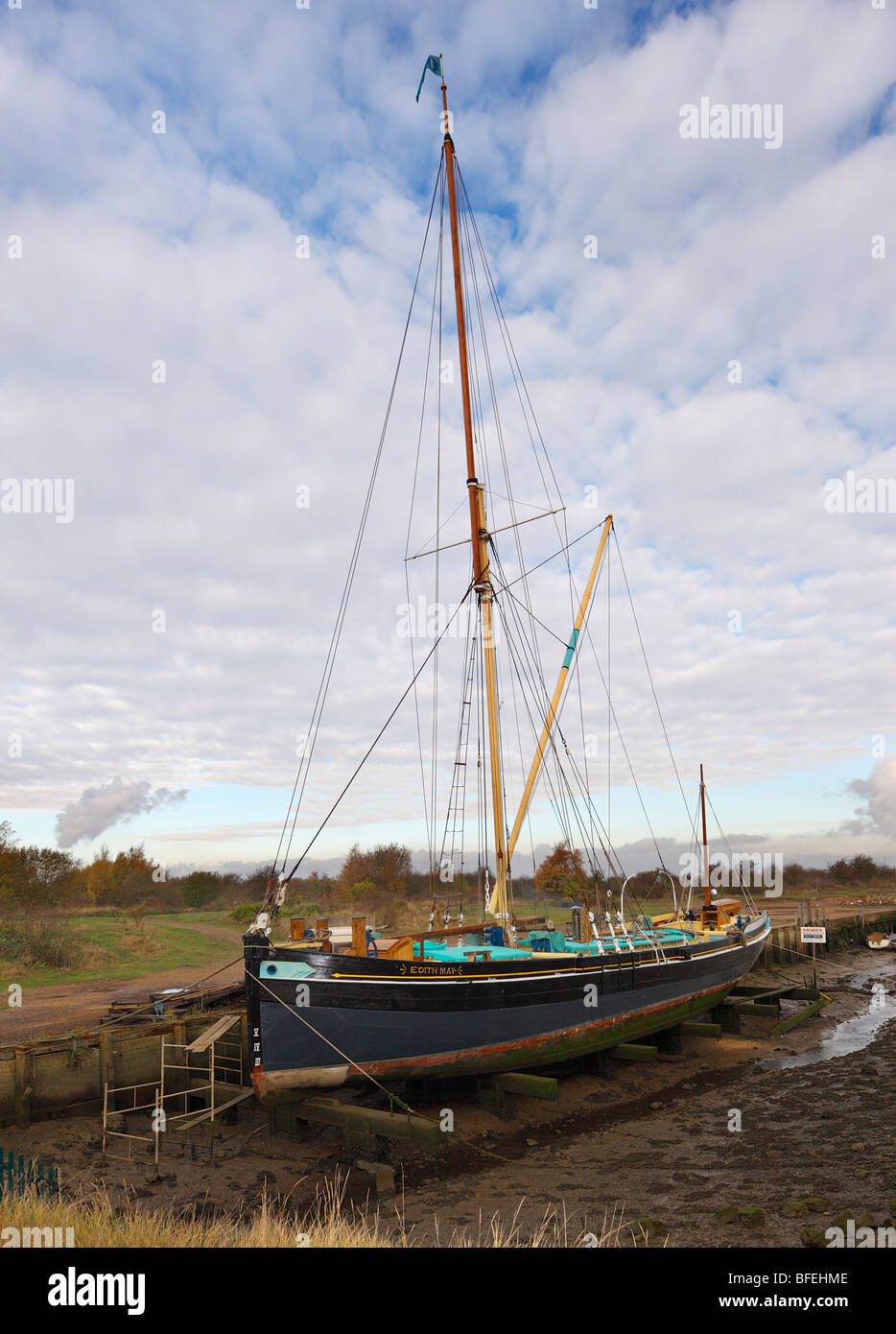 Old Thames Barge called Edith May in dry dock. Stock Photo