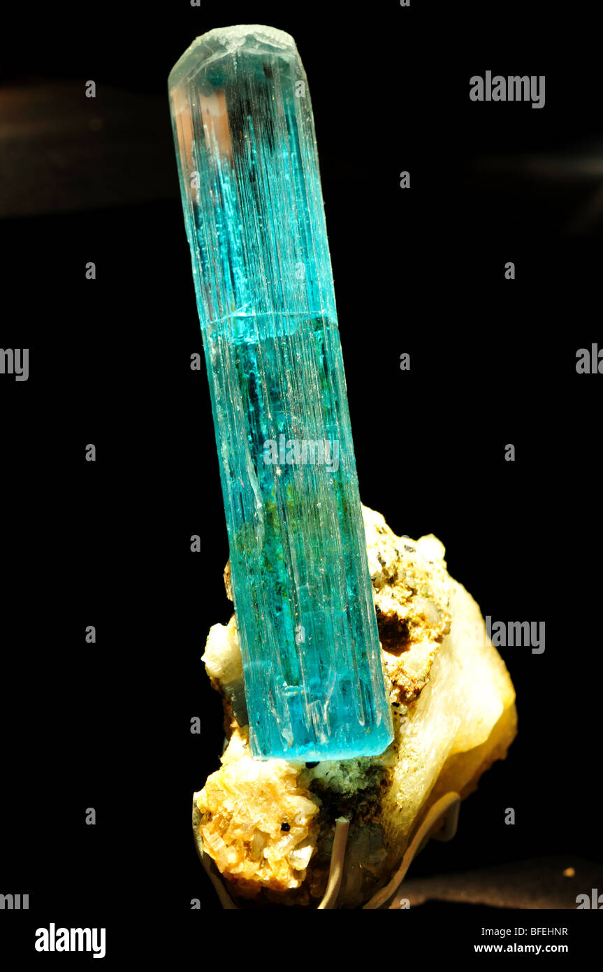 Blue green crystal of aquamarine, a variety of Beryl. Stock Photo