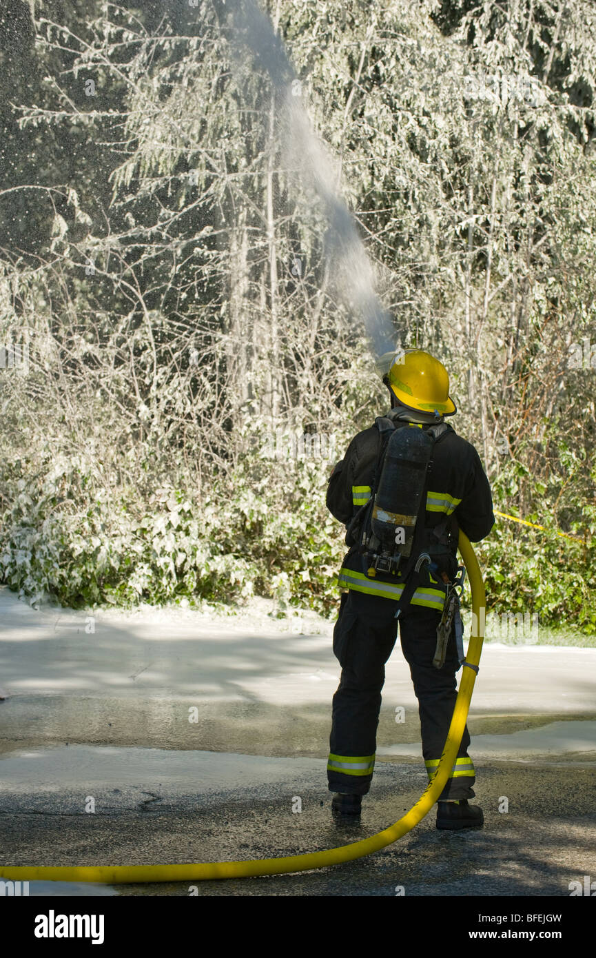 fireman spray fire retardant on forest fire Stock Photo