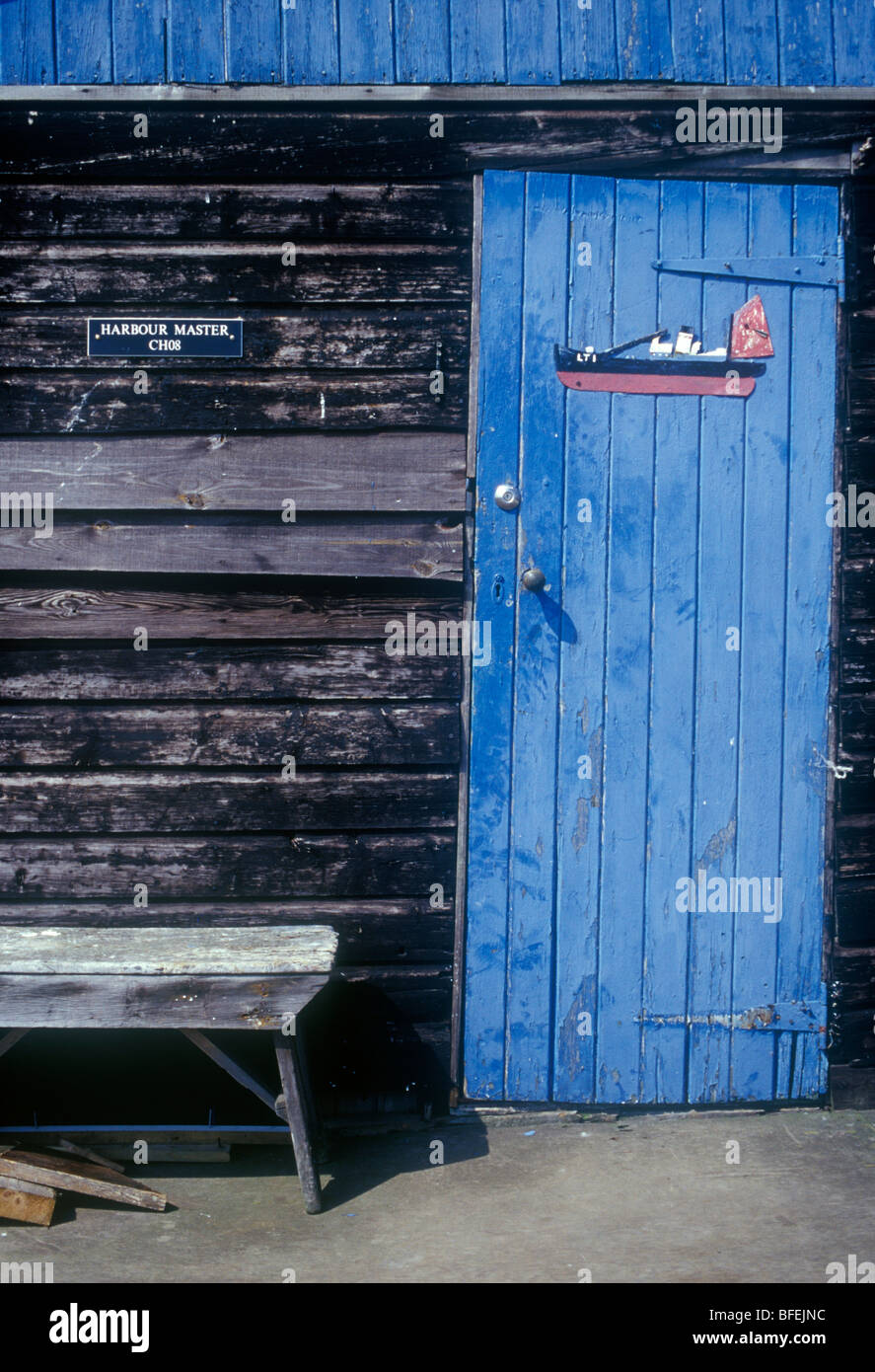Felixstowe Ferry Suffolk UK Harbour master's wooden hut boarded door