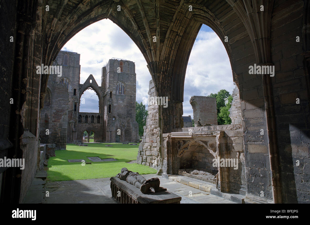 Elgin Cathedral sometimes referred to as ‘The Lantern of the North’ is an historic ruin in Elgin in Moray, north-east Scotland. Stock Photo