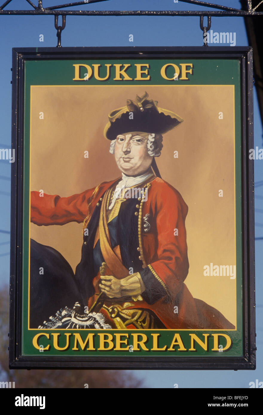 Holcombe Somerset UK traditional painted pub sign of Royal  Duke of Cumberland  in army uniform, (crushed Jacobite rebellion) Stock Photo