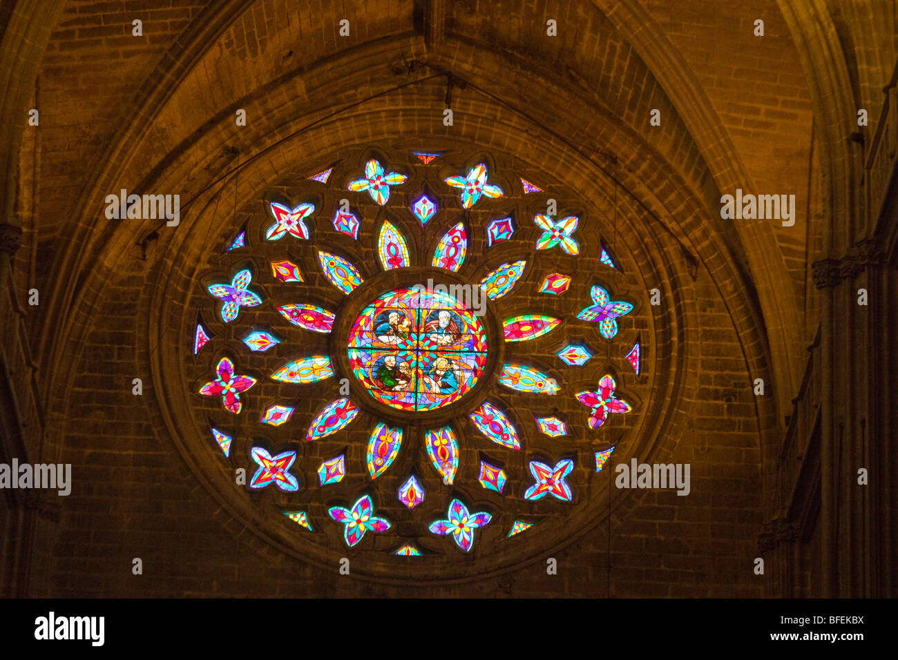 Stained Glass Window at the Cathedral of Seville in Spain Stock Photo