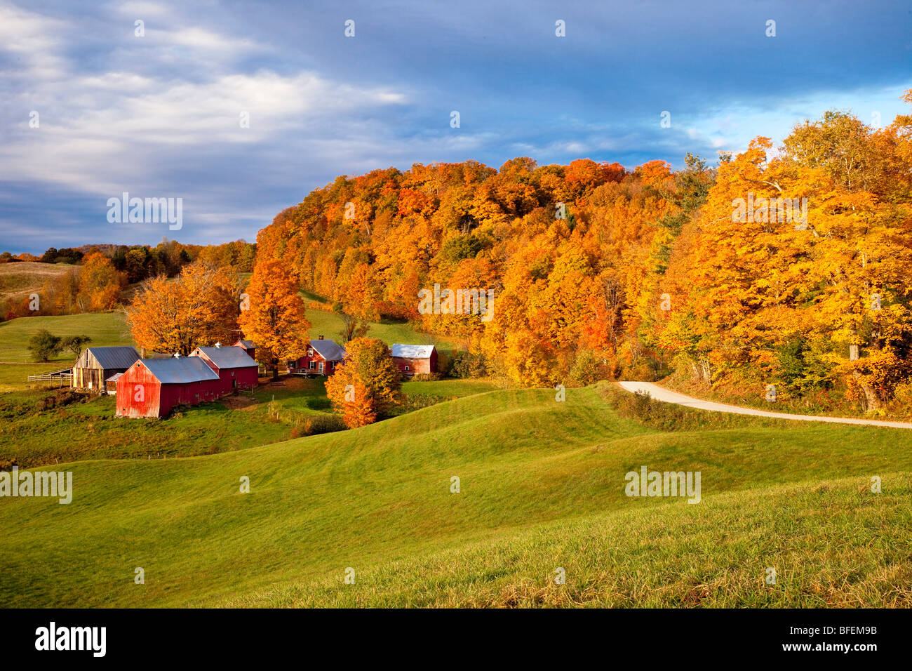 The Jenne Farm at dawn in autumn near South Woodstock Vermont USA Stock Photo