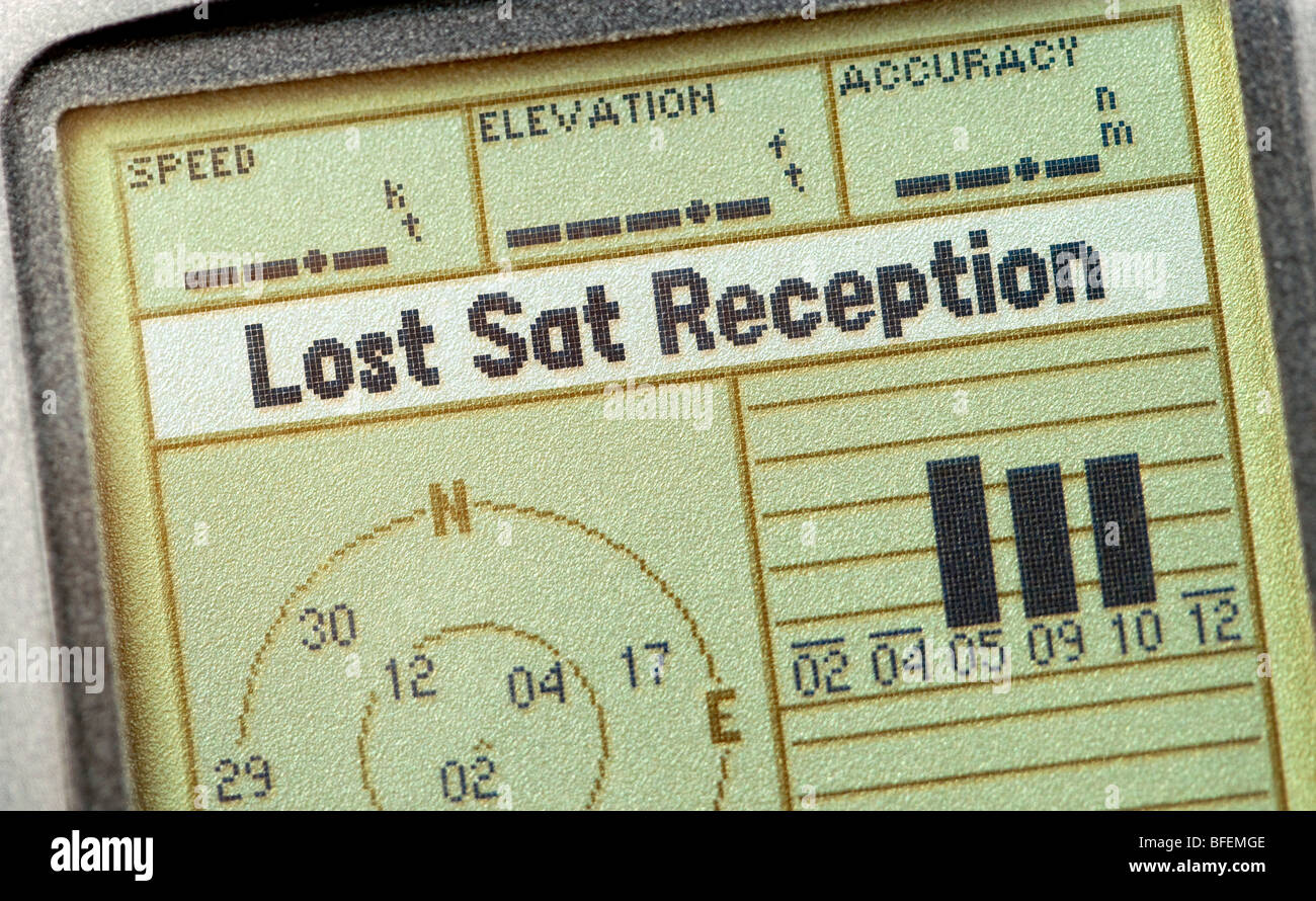 'Lost Sat Reception' screen on a handheld GPS Stock Photo