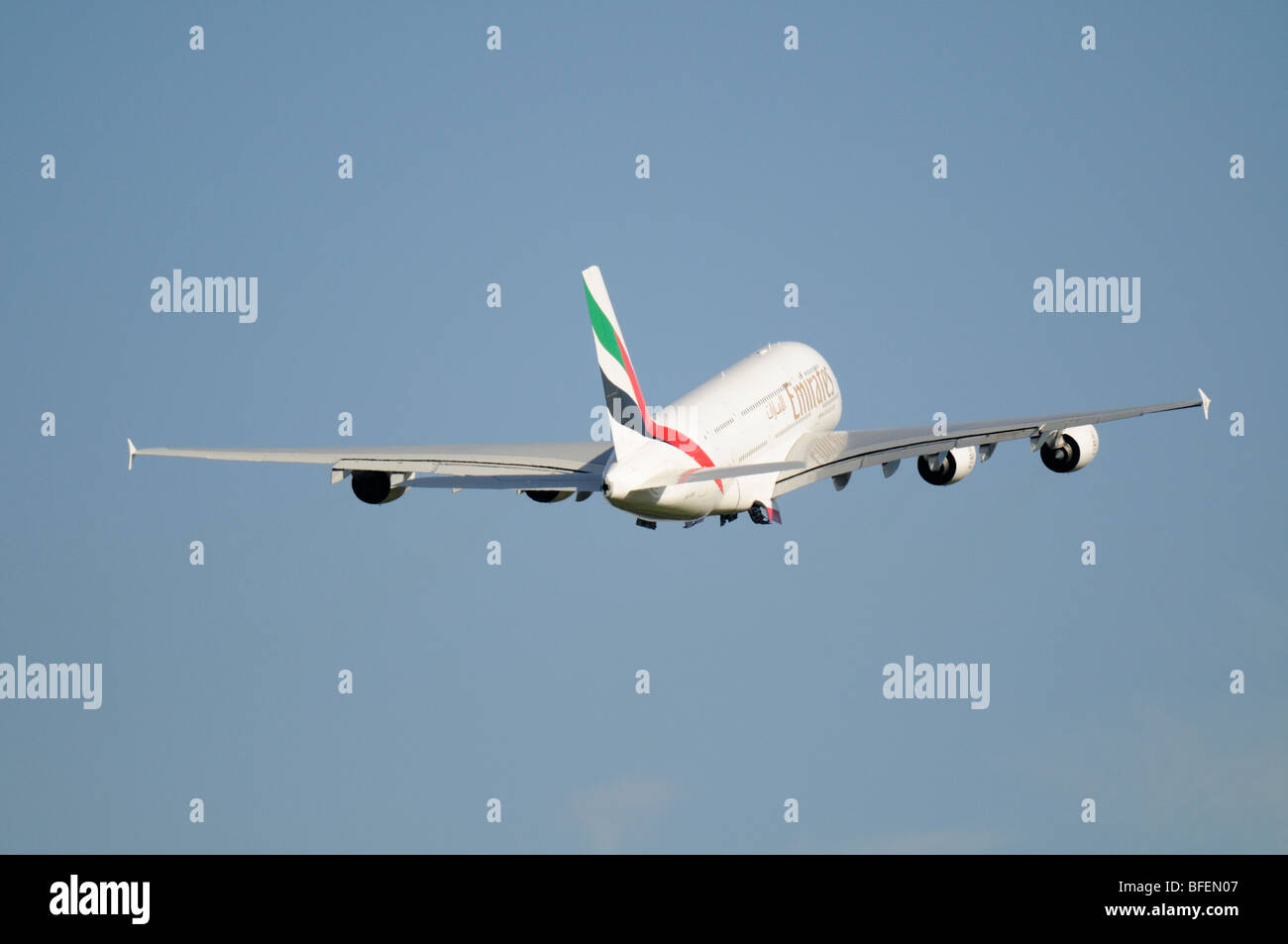 A380 Rear Rear view of Emirates Airbus A380 taking off from Birmingham ...