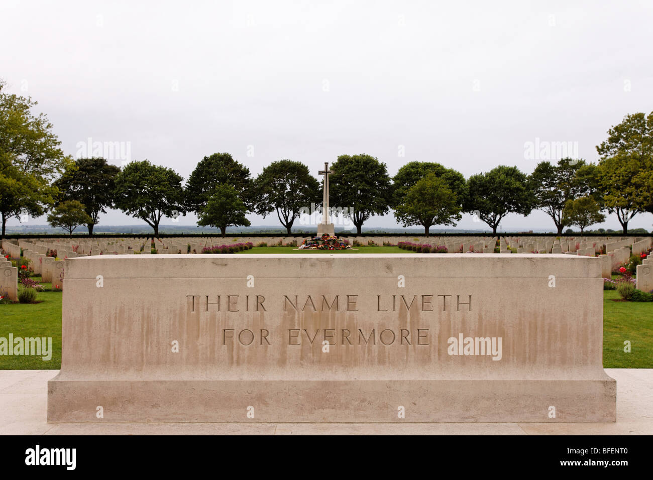 The inscription "Their Name Liveth for Evermore" on a monument at a