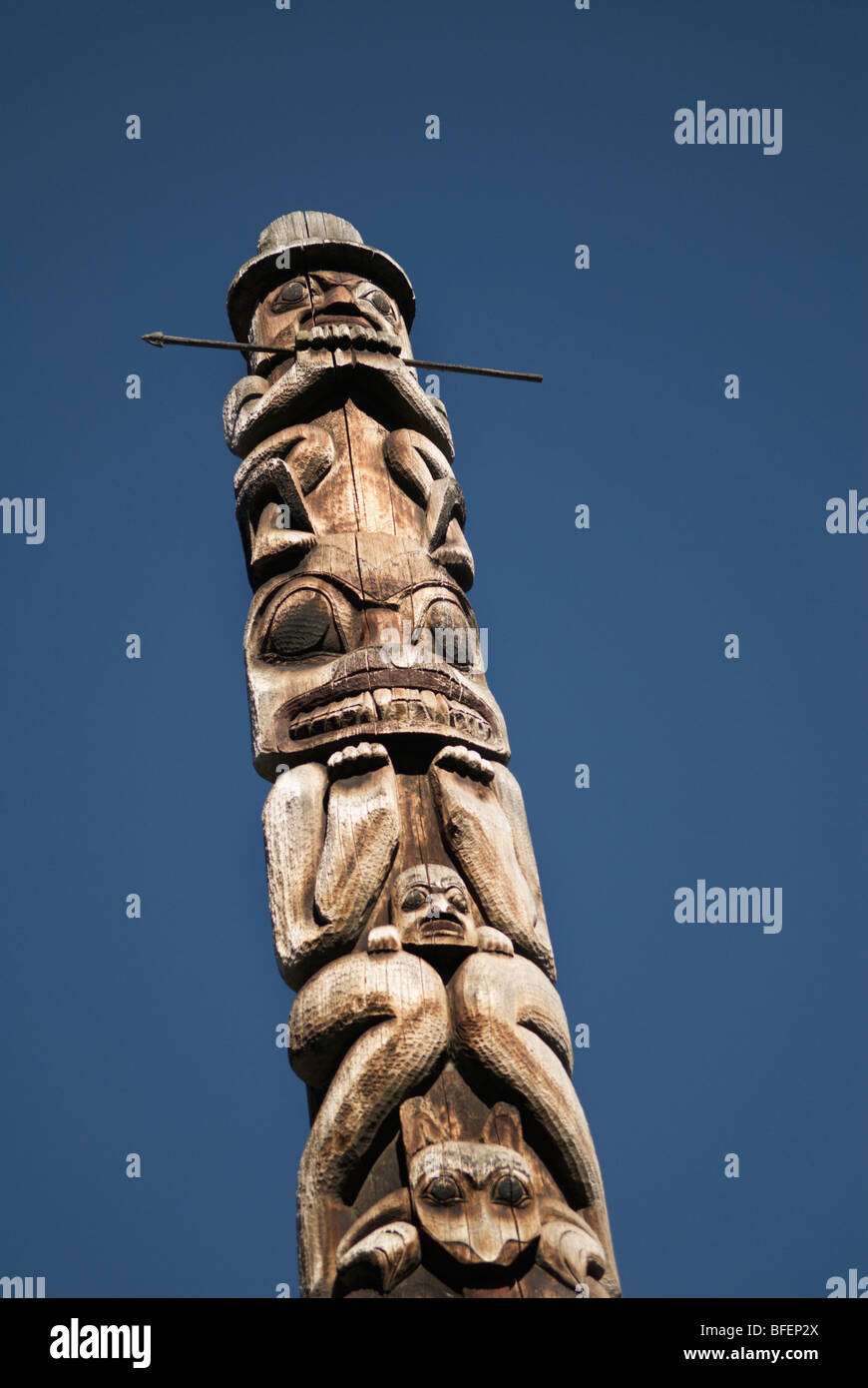 Totem pole, Ksan Historical Village and Museum, Hazelton, British Columbia, Canada Stock Photo