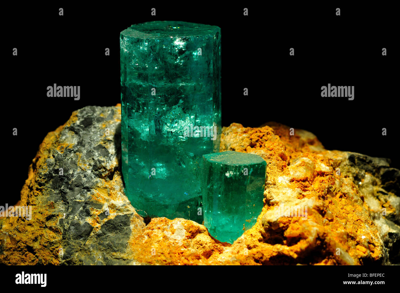 Crystals of mineral emerald, a variety of beryl. Stock Photo