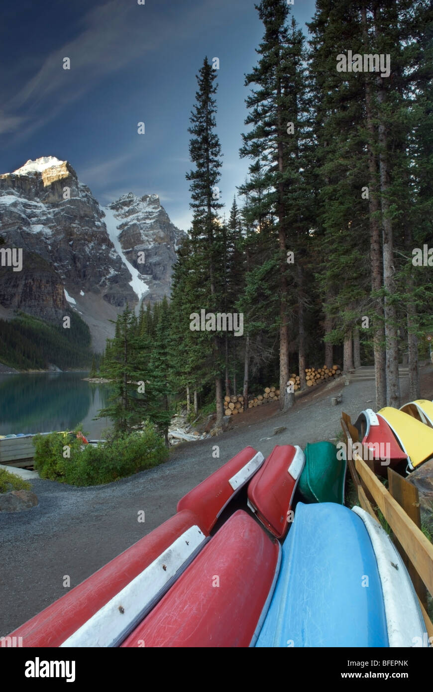 Canoes, Moraine Lake, Banff National Park, Alberta, Canada Stock Photo