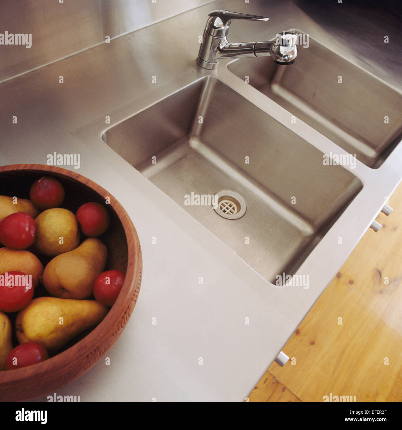 Close-up of double stainless steel sinks Stock Photo