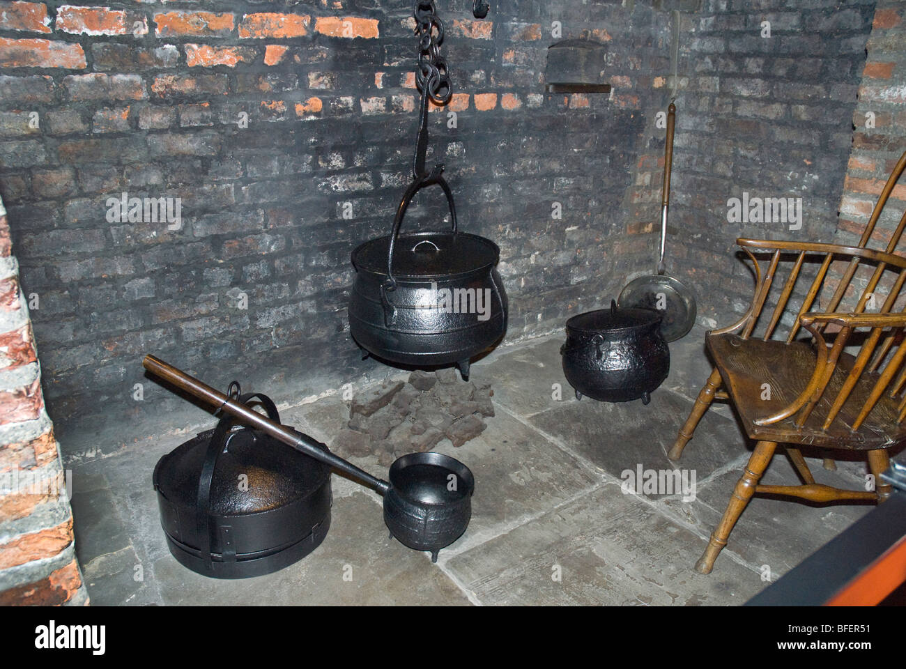 Cauldrons in fireplace in the City of York in Yorkshire in Northern