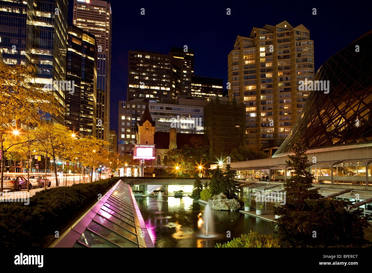Roy Thompson Hall pool and central Toronto at night, Ontario, Canada Stock Photo