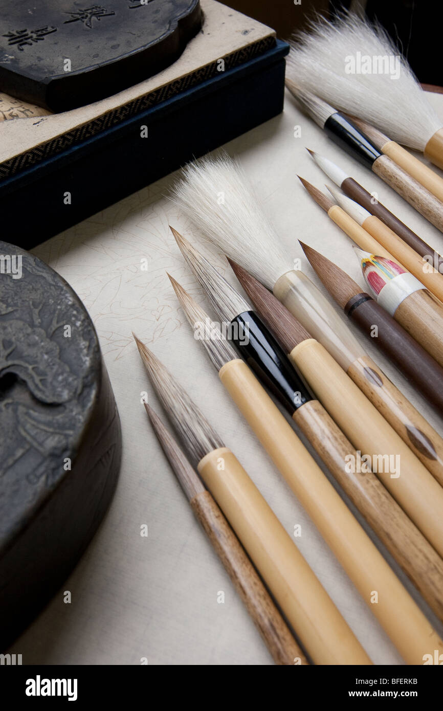 calligraphy painting brushes, inks, and stones. Stock Photo