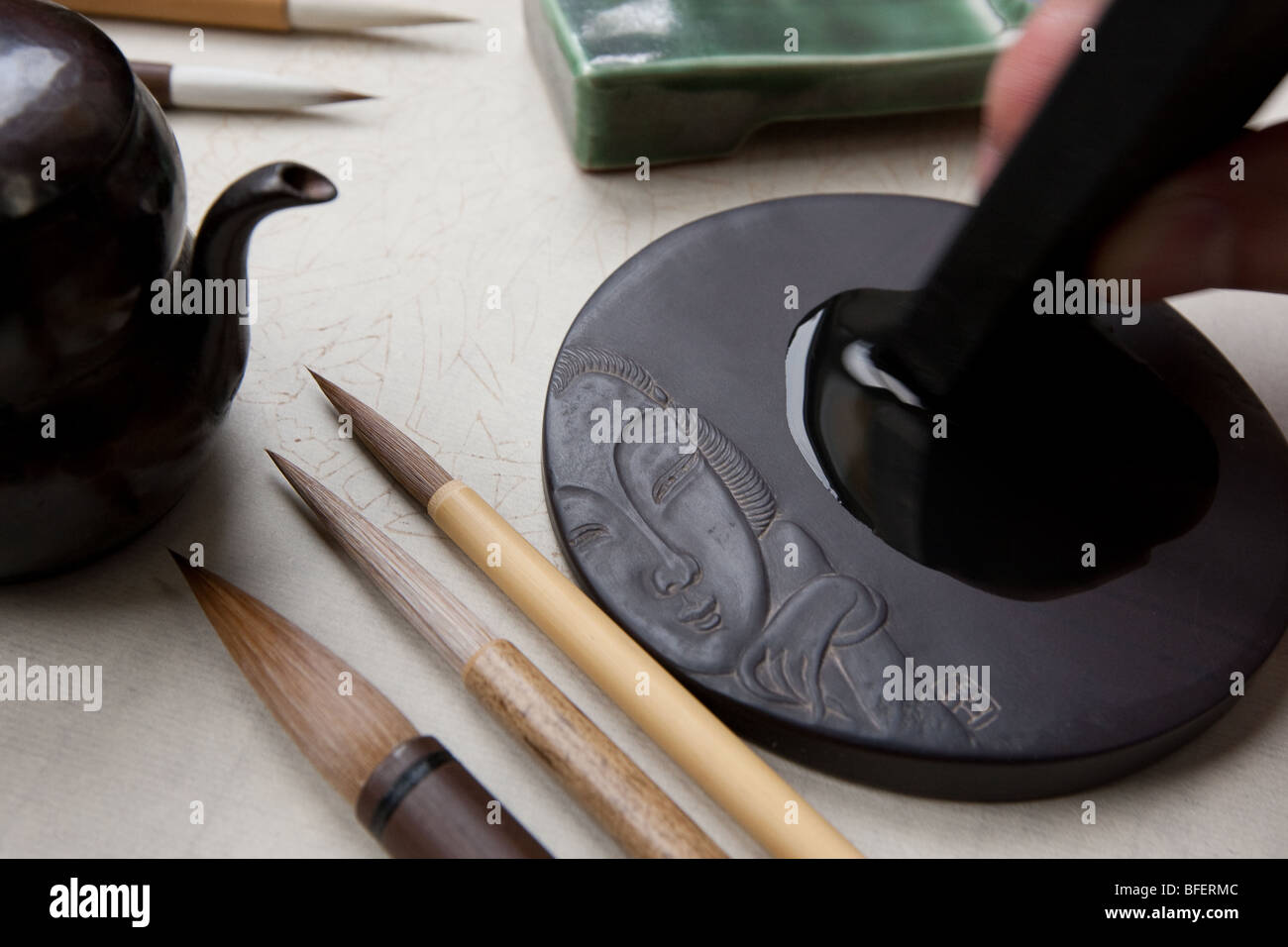 calligraphy painting brushes, inks, and stones Stock Photo Alamy