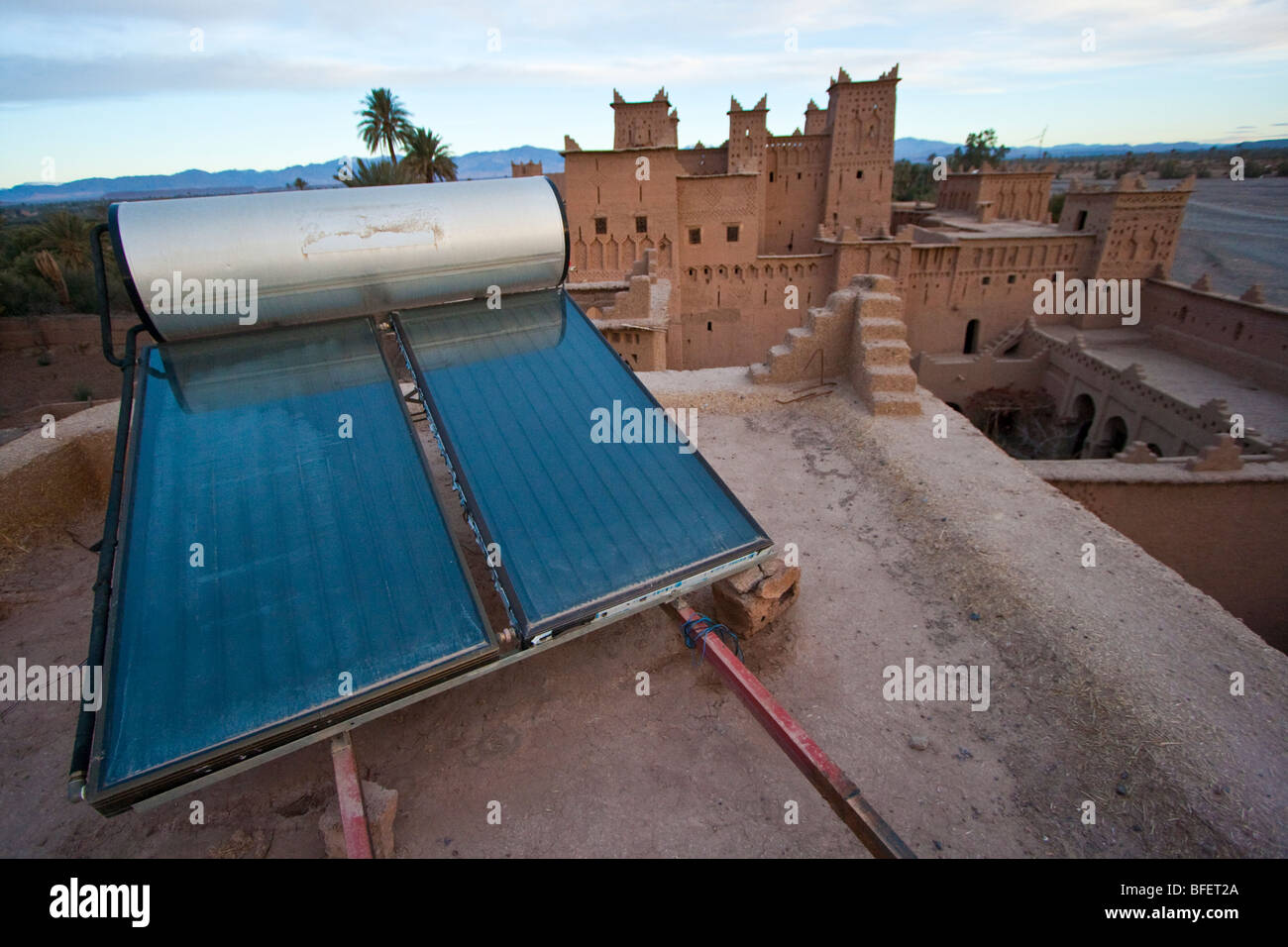 Solar water heater on Kasbah Amerdil in the Skoura Oasis in Morocco Stock Photo