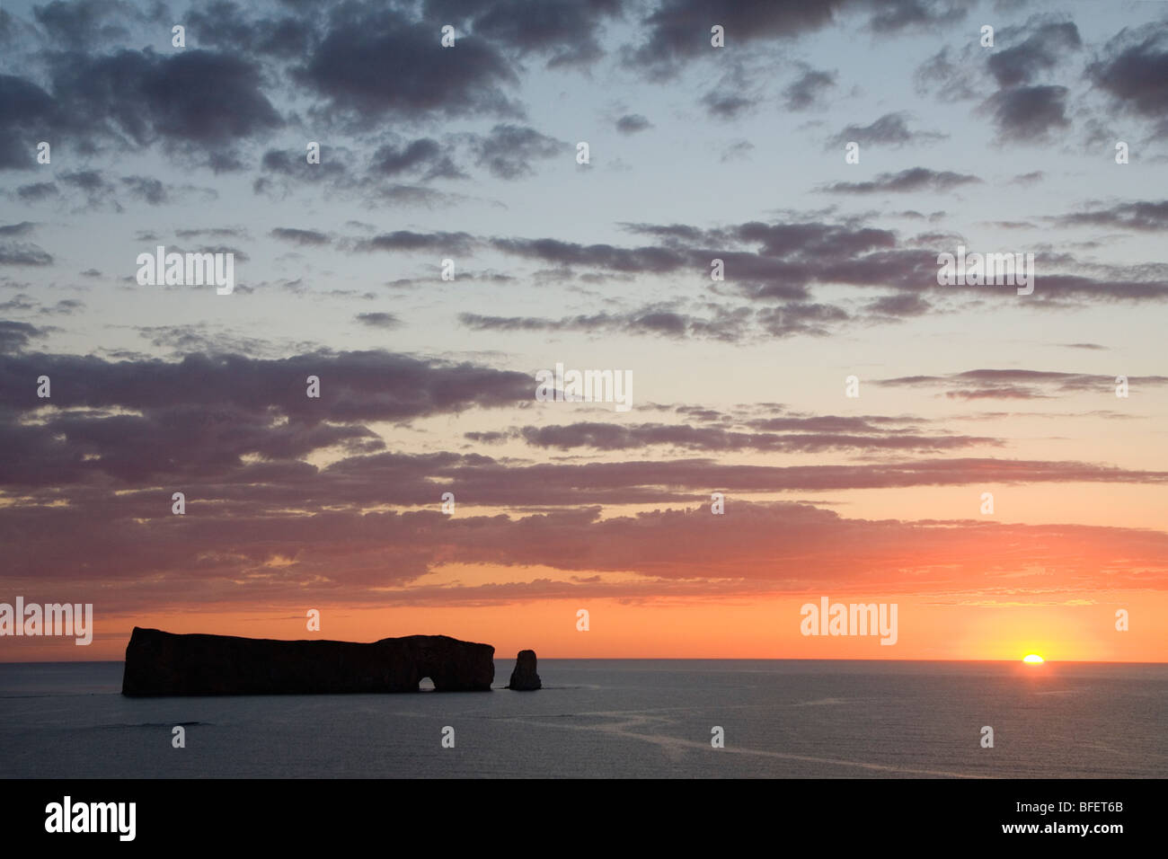 Sunrise at Perce Rock, Bonaventure Island and Perce Rock National Park, Quebec, Canada Stock Photo