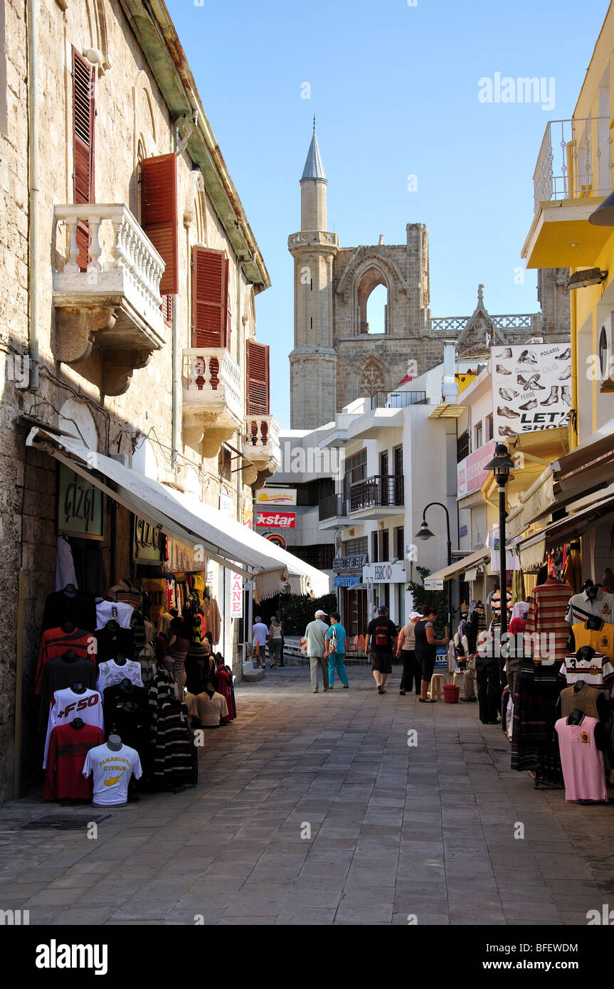 Lala Mustafa Pasa Mosque and shopping street, Famagusta, Famagusta District, Northern Cyprus Stock Photo