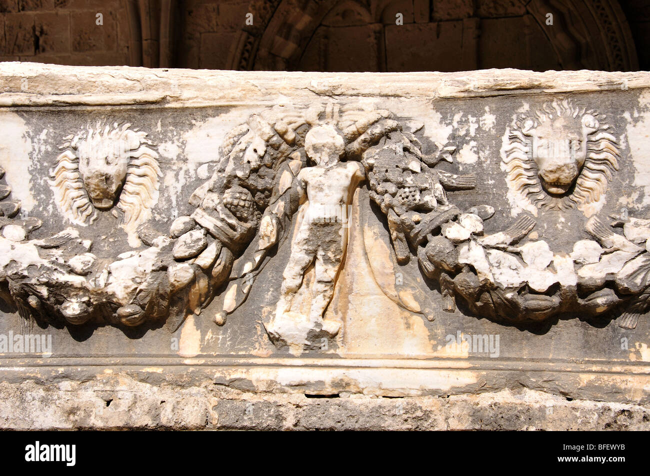 Marble carvings, Bellapais Abbey, Bellapais, Kyrenia District, Northern Cyprus Stock Photo