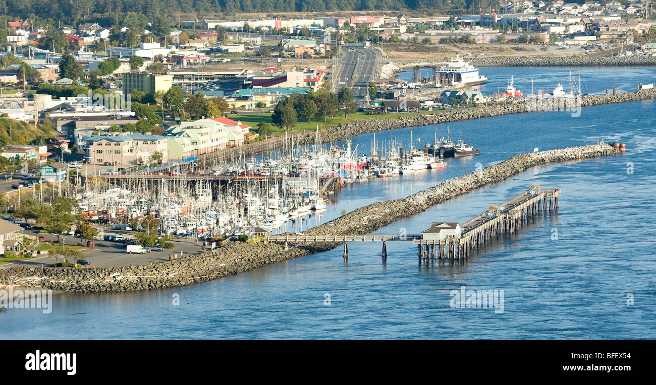 An aerial view of Campbell River's trademark Discovery Pier and
