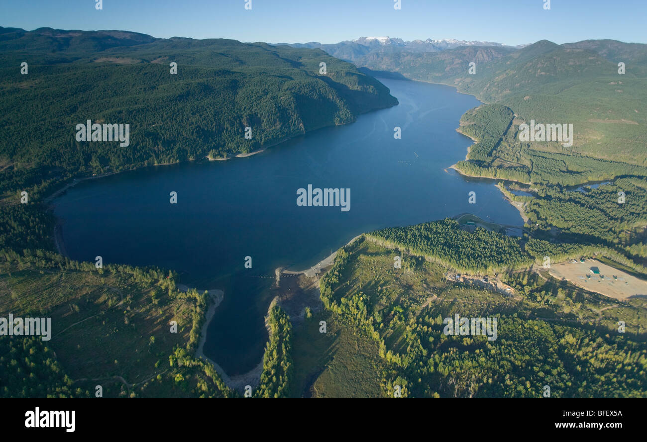 An aerial view of comox lake comox glacier and surrounding mountains.  Comox Valley Vancouver Island British Columbia Canada. Stock Photo