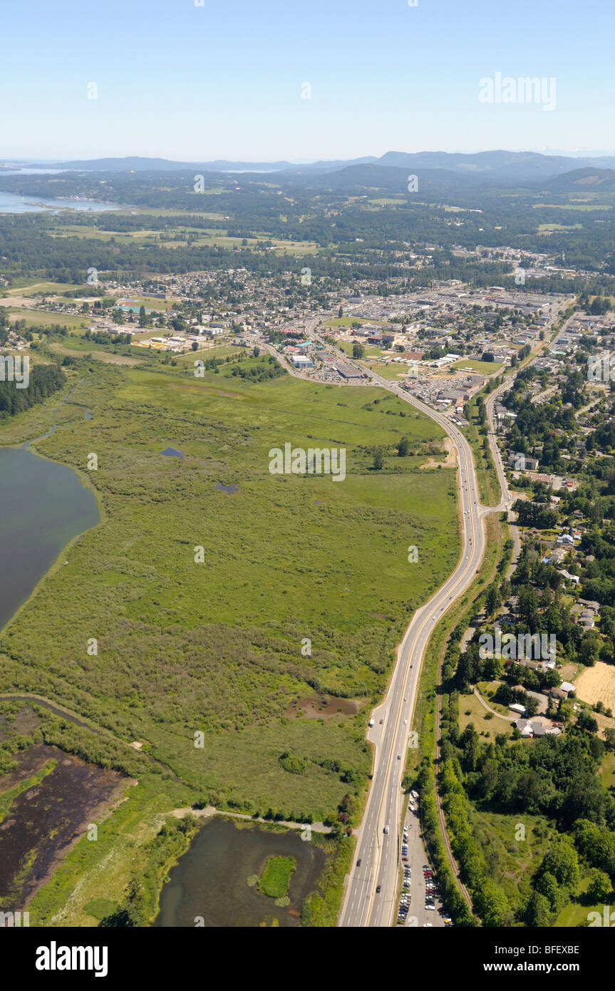 Aerial photograph of Duncan, the Somenos Marsh and Cowichan Bay, Cowichan Valley, Vancouver Island, British Columbia, Canada. Stock Photo
