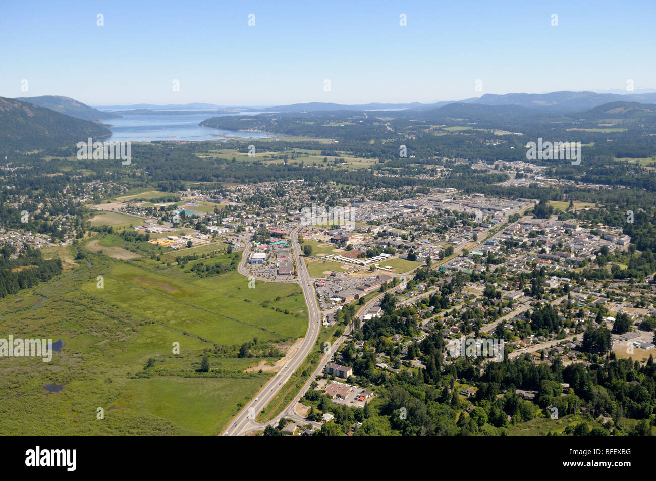 Aerial photograph of Duncan, the Somenos Marsh and Cowichan Bay, Cowichan Valley, Vancouver Island, British Columbia, Canada. Stock Photo