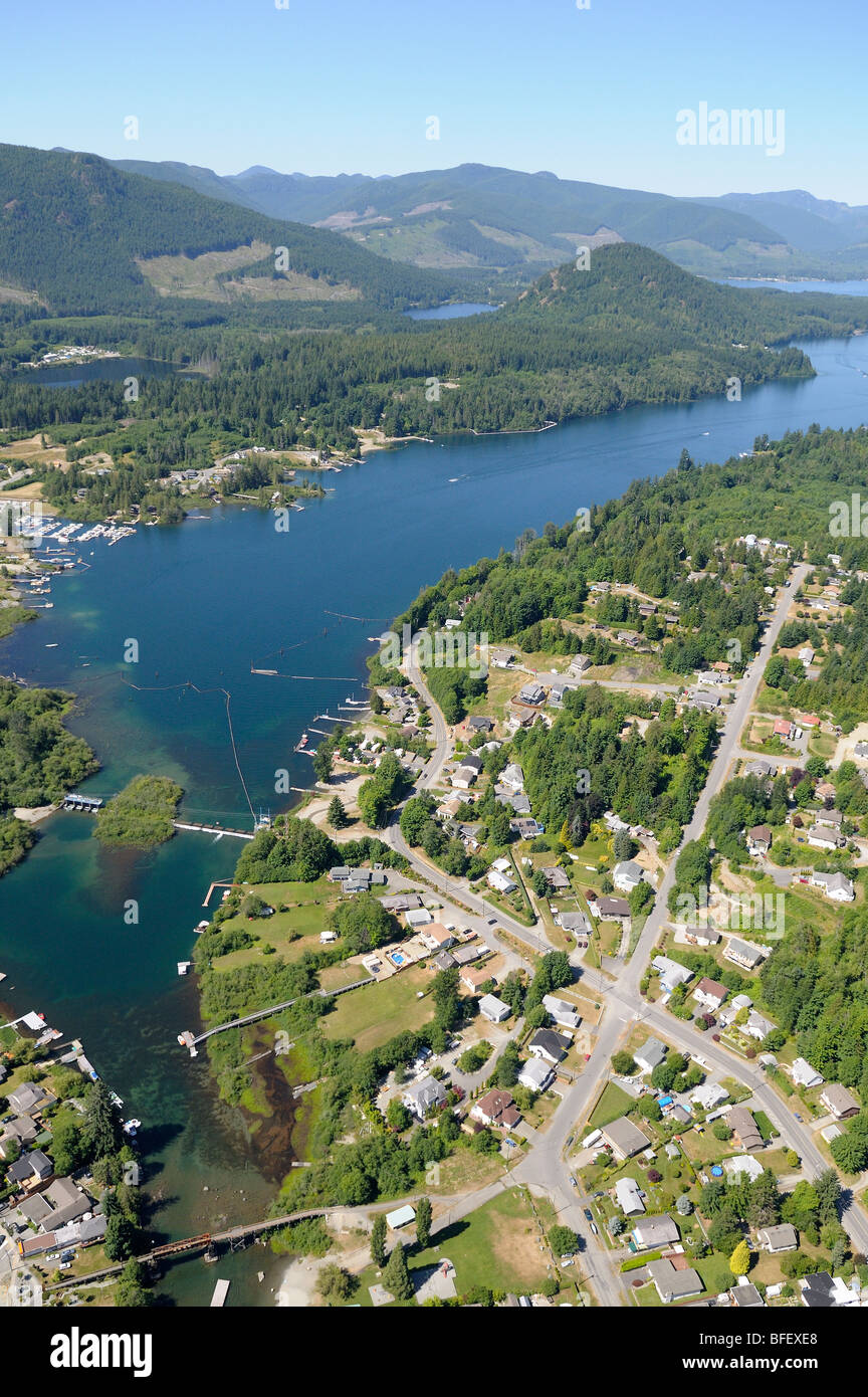 Aerial photo of the town of Lake Cowichan, Cowichan Lake, British