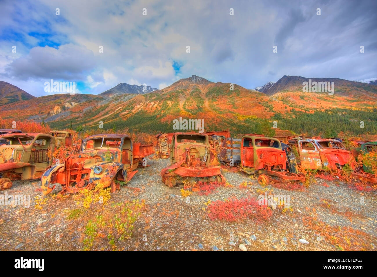 The Army Dump, also known as The Deadlines up the North Canol Road, Yukon. Located near MacMillin Pass. Stock Photo