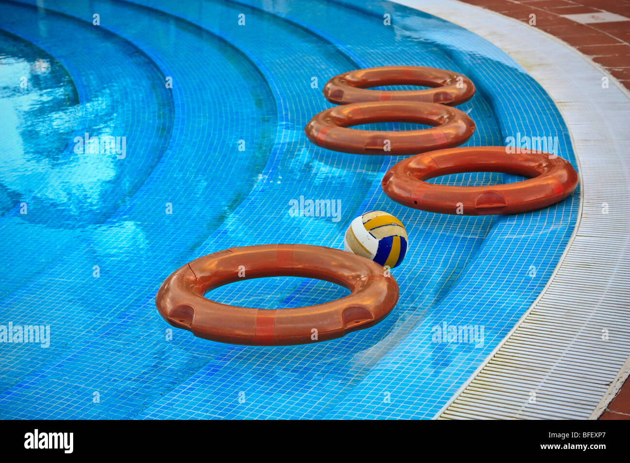 Flotation devices rescue rings or life buoys and a volleyball floating