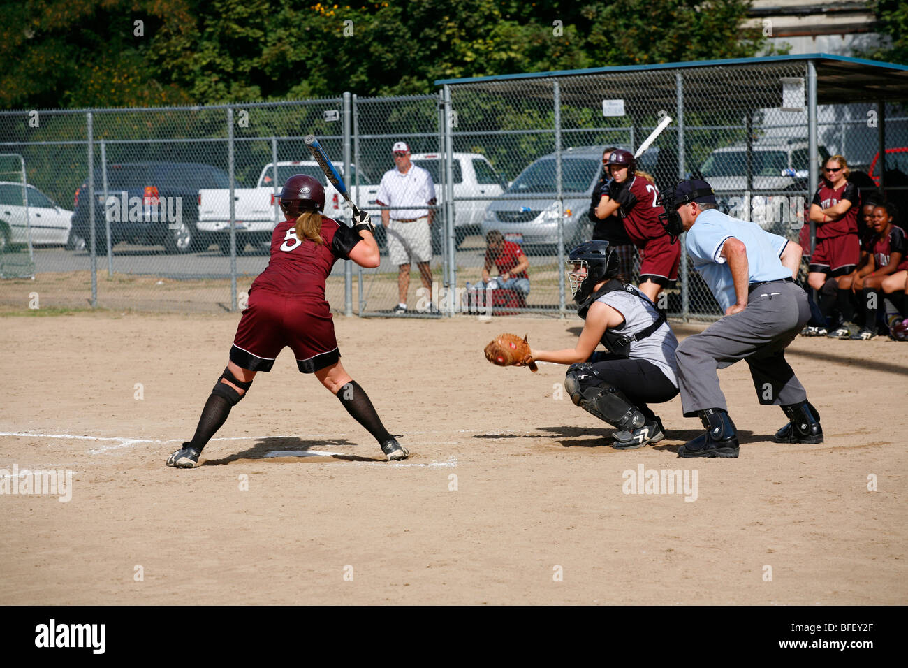 North Idaho College softball game, Sept. 28, 2008, Coeur D Alene, Idaho. Batter just about to swing at the pitch. Stock Photo