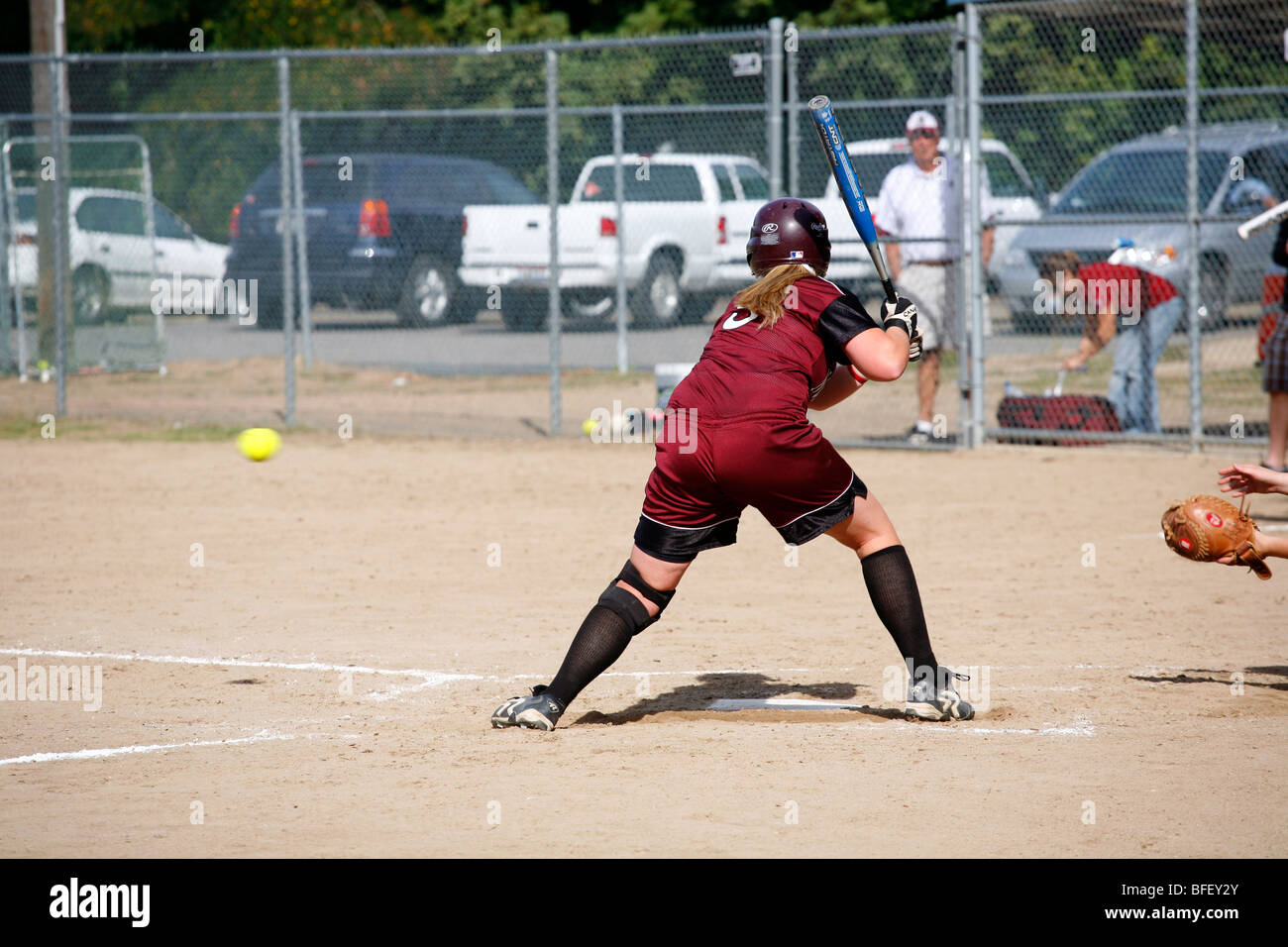 North Idaho College softball game, Sept. 28, 2008, Coeur D Alene, Idaho. Batter just about to swing at the pitch. Stock Photo