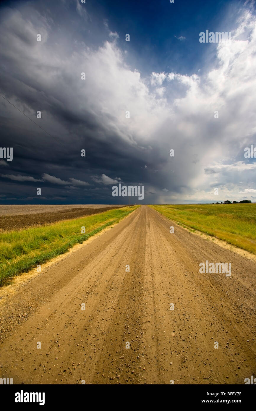 Thunder storm over road to Crowfoot Ferry, Alberta, Canada, cloud, weather Stock Photo
