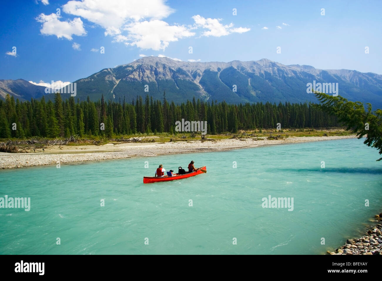 Canoeing, Kootenay River, Kootenay National Park, British Columbia, Canada, people, dog, mountain Stock Photo