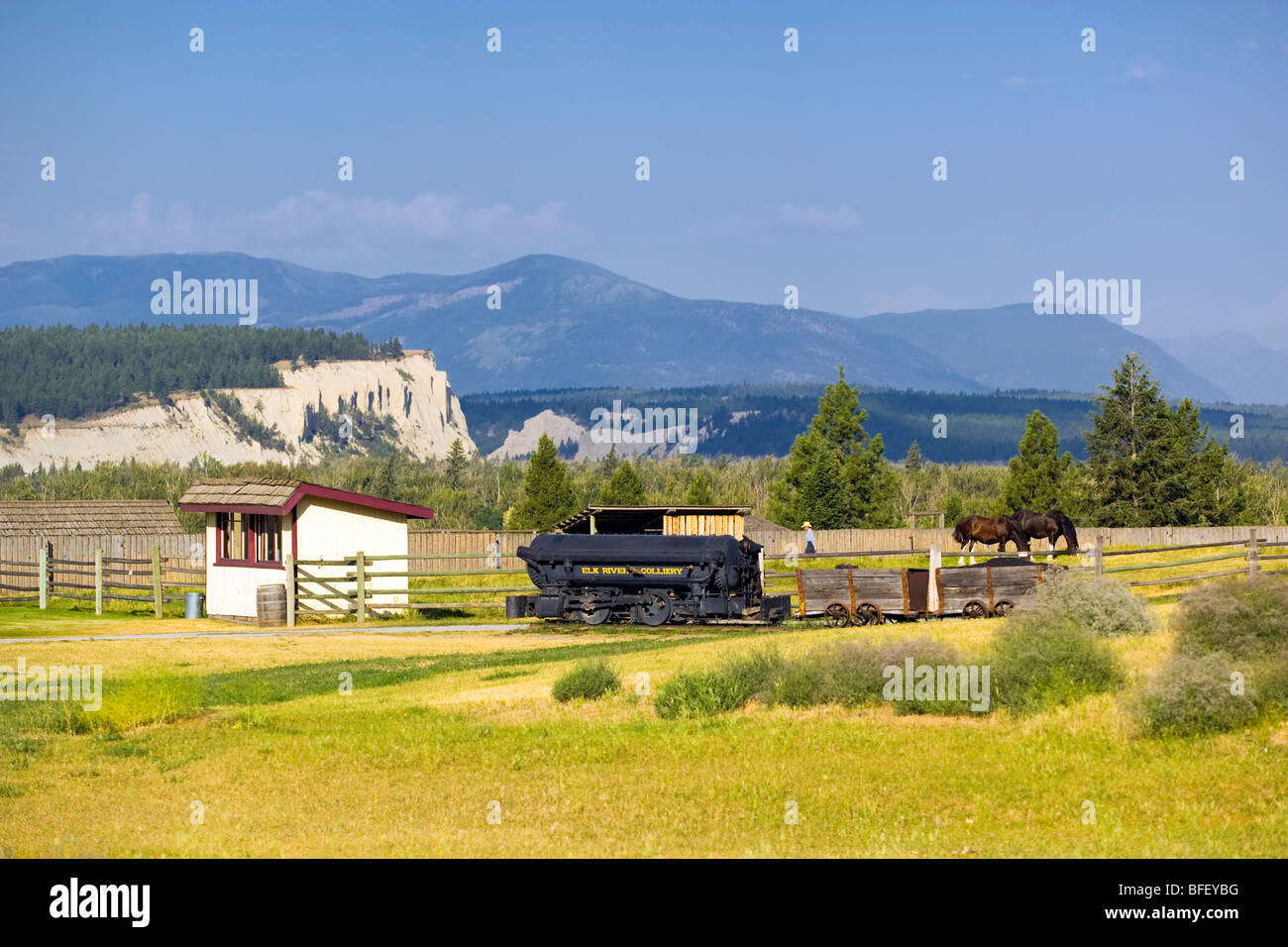 Coal locomotive, Fort Steele Heritage Town, British Columbia, Canada, historic, people, horse Stock Photo