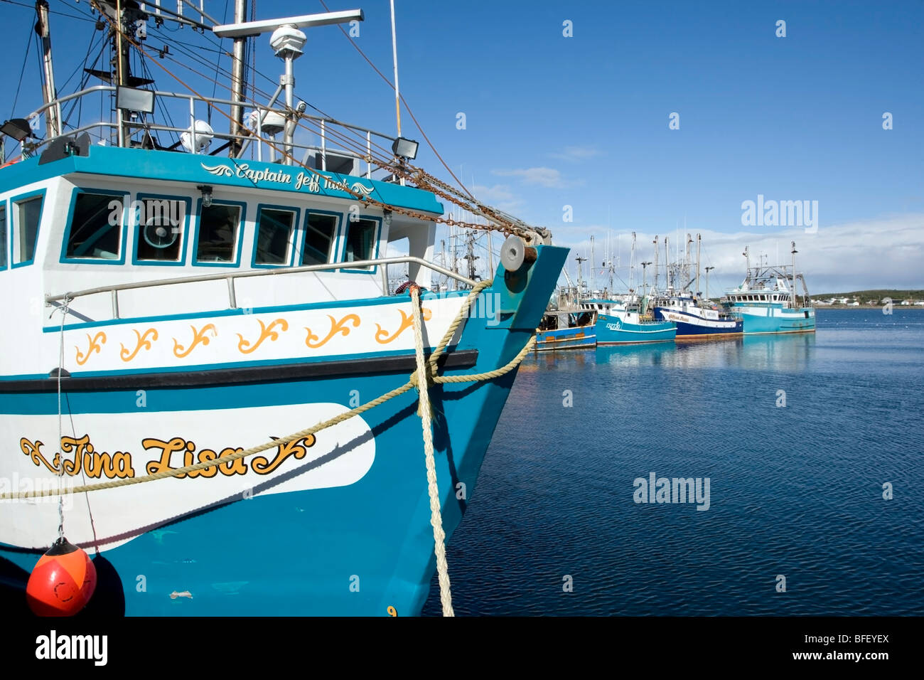 Fishing boats docked at Catalina Wharf, Newfoundland, Canada Stock