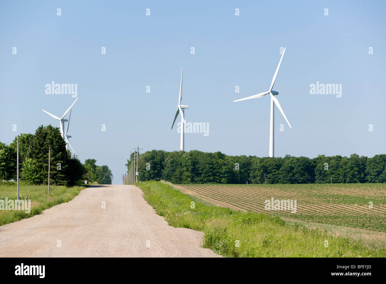 Ontario canada wind turbine farm road field landscape hires stock