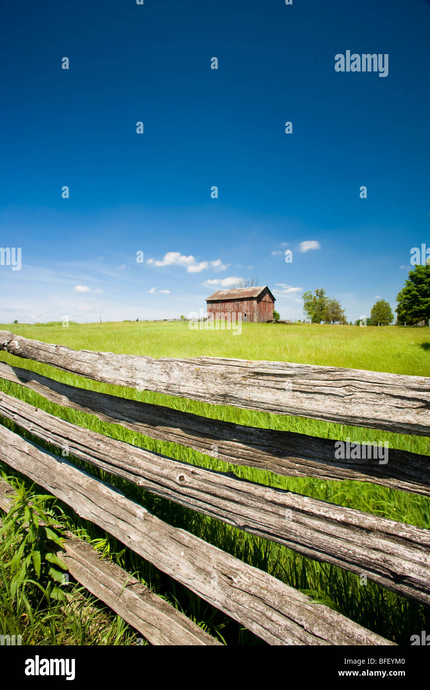 Farm and rail fence, Uxbridge, Ontario, Canada Stock Photo