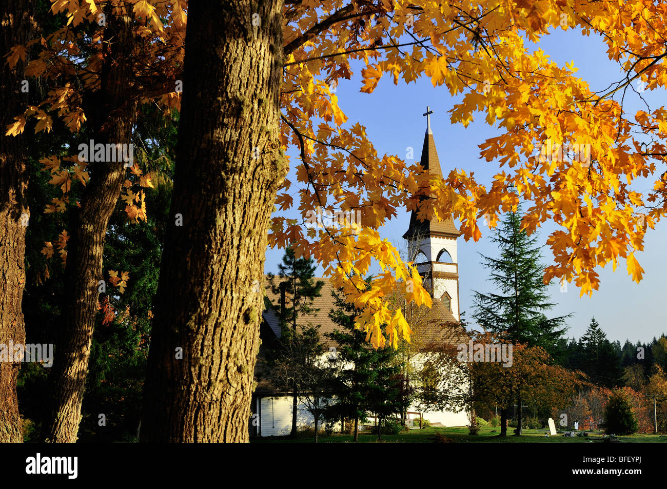 Native church with fall colours in Duncan, BC. Stock Photo