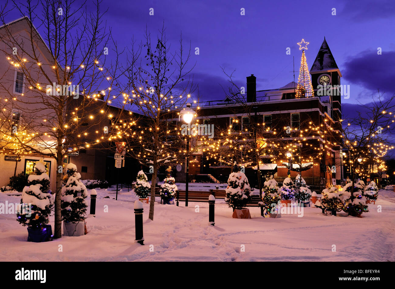 Duncan City Hall at Christmas time with trees lit up and Christmas tree
