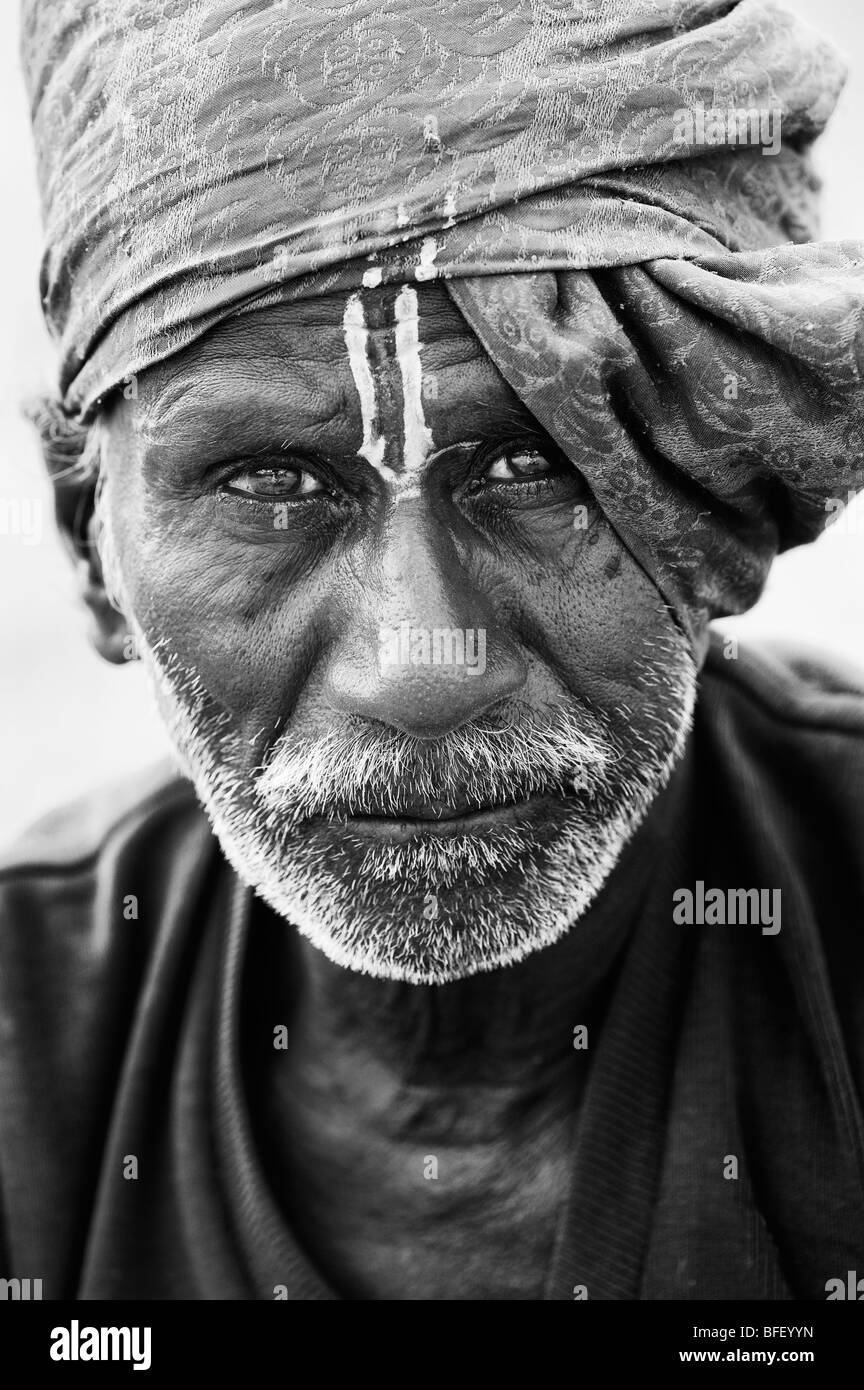 Old hindu religious man portrait. Monochrome Stock Photo